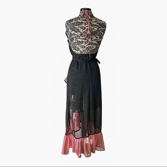 MISA Domanik Ruffle Halter Chiffon Wrap Dress Black Pink - Picture 6 of 12